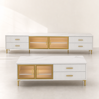 Ensemble de meubles de salon blancs de luxe modernes, meuble TV et table basse avec cadre doré et portes en verre