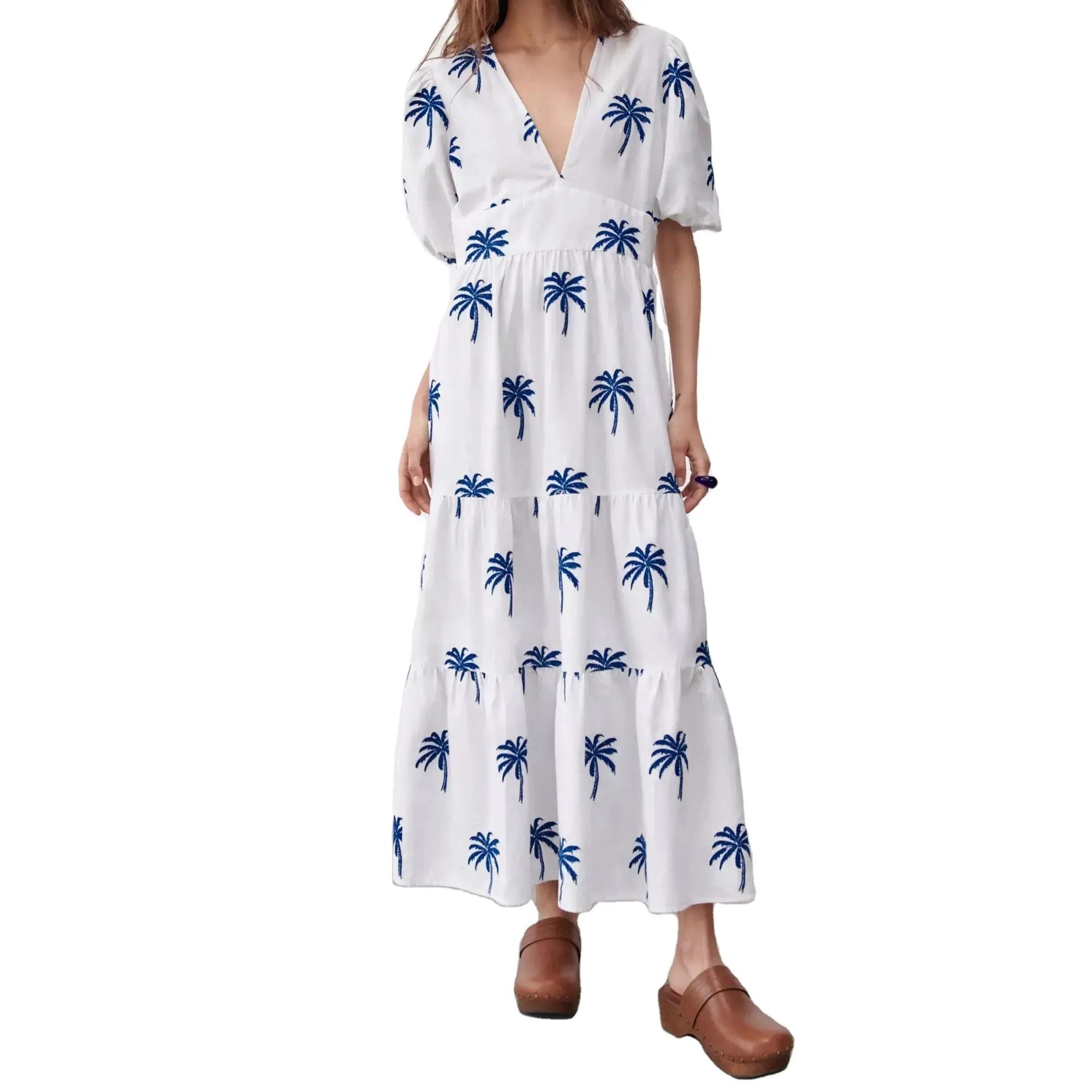 Sundress Summer Dress Cotton Linen Fluffy Sleeves Custom Embroidery Coconut White Maxi Women's Beach Dress