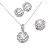 Bunga Matahari Valentine 3  Set Perhiasan, Kalung Anting Cincin, Mutiara Air Tawar Budidaya 9-10mm Bertatahkan Zirkonia Kubik