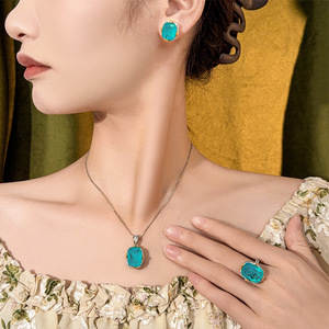 Best Selling Vintage 12*16-10*12 Cubic Zirconia Necklace <b>Earrings</b> Ring Set Copper Gold Plated Blue Wedding Party Jewelry - Product Image 2