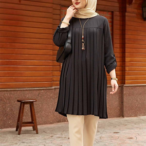 Baju Muslim wanita, baju atasan wanita Muslim kasual lipit longgar lengan panjang leher bulat ukuran besar - Product Image 1