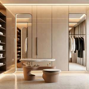 Ensemble de garde-robe de chambre à coucher en bois de luxe moderne avec panneaux miroir et éclairage intégré, organisateur de placard personnalisé avec design en niche - Product Image 1