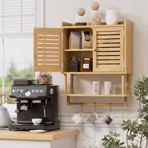 Bathroom Wall Cabinet Bamboo Medicine Cabinet with Double Doors 3 Tier Adjustable <b>Shelf</b> for <b>Kitchen</b> Bedroom Living Room - Product Image 1