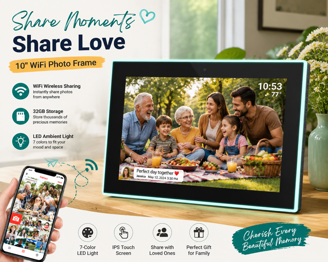 Smart WiFi Photo Frame 10 Inch Digital Picture Frame with Touch Screen LED Light 32GB Photo Sharing Gift for Family