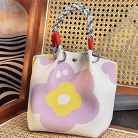 Tas Tote Rajut Motif Bunga Poliester Impor Langsung dari Pabrik, Pegangan Loop, Kapasitas Besar, Serbaguna, Gaya Jalanan