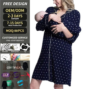 Chemise de nuit d'<span class=keywords><strong>allaitement</strong></span> à boutons sur le devant avec pochette pour bébé offerte, 100 % <span class=keywords><strong>coton</strong></span> respirant, col en V, manches longues, bleu marine - Product Image 1