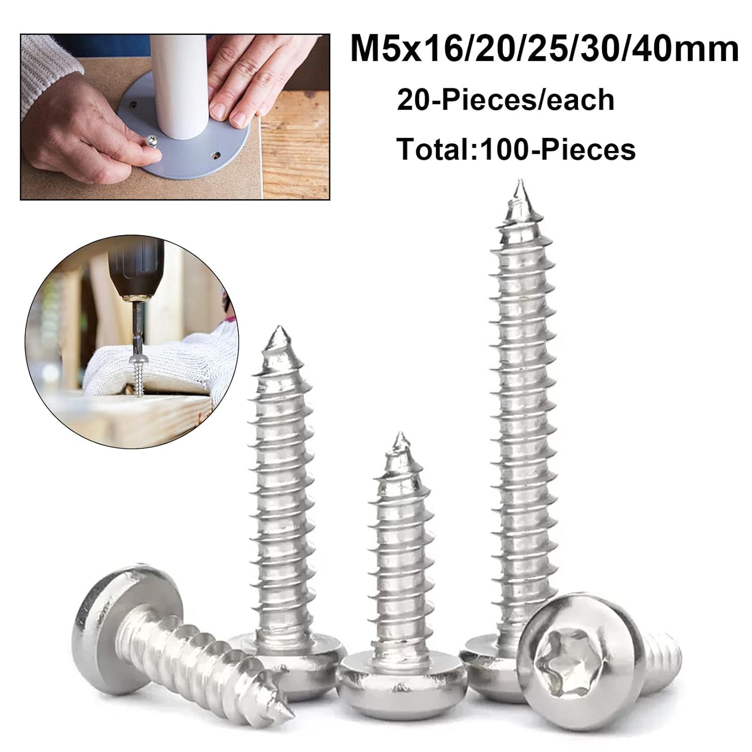 M5 X 20mm 304 Stainless Steel Countersunk Self-Tapping Wood Screws – 50 Pack, Cross Head Flat Head