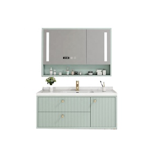 Mueble de Baño Flotante Personalizado con 3 Cajones, Color Macaron, con Espejo LED, Estante Abierto y Lavabo de Cerámica para Hotel - Product Image 4