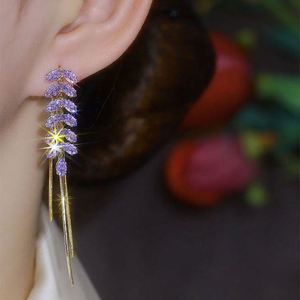 Hypoallergenic Needle Purple Zircon Diamond <b>Earring</b> Micropaved Zirconia Wheat Drop Long Tassel <b>Earrings</b> Women Bridal Jewelry - Product Image 3