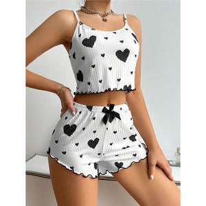 Wholesale Heart Print Ribbed Ruffled Women <b>Pajamas</b> <b>Set</b> Bulk Supply Private Label Custom Logo - Product Image 4