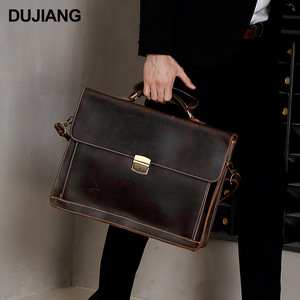 Dujiang Genuine Leather <b>Briefcase</b> Men's Business Bag Crazy Horse Leather Brown Luxury Commuting Travel Handbag - Product Image 1