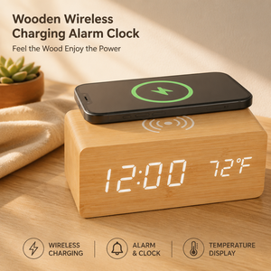 Reloj Despertador de Madera con Cargador Inalámbrico, Estación de Carga Rápida Qi, Pantalla LED de Temperatura Digital, Logotipo Personalizado, Venta al Por Mayor OEM ODM - Product Image 1