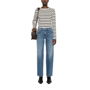 Pantalon évasé taille haute pour femme grande taille, coupe droite en coton, avec options de délavage foncé ou clair, style uni - Product Image 1