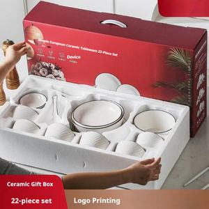 Juego de <span class=keywords><strong>Vajilla</strong></span> de Cerámica Nórdica Blanca de 22 Piezas <span class=keywords><strong>para</strong></span> <span class=keywords><strong>6</strong></span> <span class=keywords><strong>Personas</strong></span>, Borde Negro, Rayas Verticales, Platos y Tazones Antideslizantes, Caja de Regalo - Product Image 2