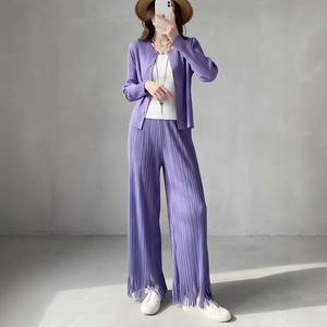 Conjunto de Dos Piezas de Moda Occidental para Mujer, Cárdigan Plisado Miyake con Cuello Redondo y Pantalones Anchos con Flecos, Venta al Por Mayor, PY 2026 - Product Image 1