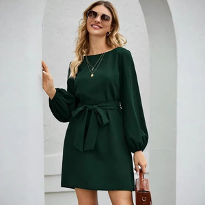 <span class=keywords><strong>Robe</strong></span> Courte <span class=keywords><strong>Femme</strong></span> Élégante à Manches Longues et Col Rond, Couleur Unie, Taille Nouée, Manches Bouffantes, Idéale <span class=keywords><strong>pour</strong></span> Soirées et Tenues Décontractées d'Automne - Product Image 4