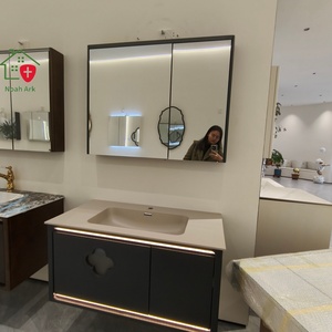 Meuble de salle de bain noir de luxe avec miroir de rangement, lavabo mural en or rose givré - Product Image 2