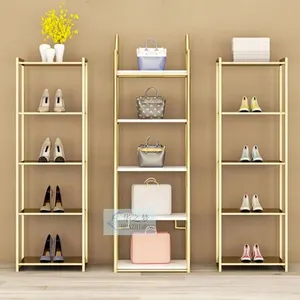 Free standing gold heels shoe display case racks wooden handbag displays table stand for shoes bags store