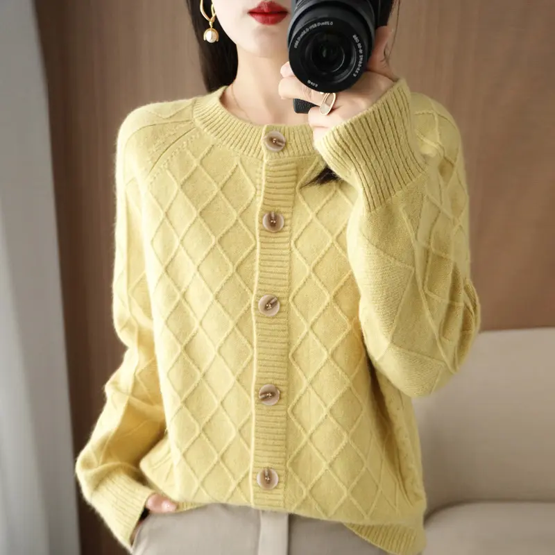 Sweater Kardigan Wanita, Sweater Rajutan Wafel Desainer Mewah