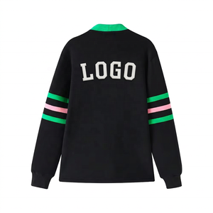 Black Fleece <b>Varsity</b> <b>Cardigan</b> Unisex V Neck Winter Casual with Green & Pink Accents and Embroidered Letters - Product Image 2