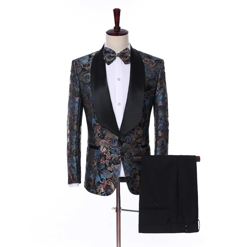 2022 New Arrival Pattern Custom Made Best Brand Wedding Men's Suits Fashion Embroidery Male Shawl Lapel Costume 2 Pieces Skinny