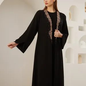 Última elegante musulmán Dubai mujeres ropa cristal dispersa bordado plisado manga larga negro señora Abaya vestidos