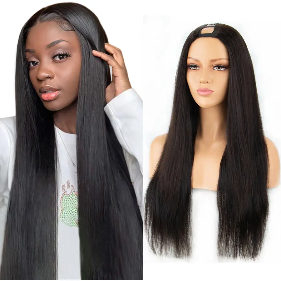 Парик из натуральных волос U-образной формы с зажимом, плотность 180, прямые человеческие волосы, безклеевые U-образные парики для черных женщин