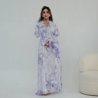 Nouvelle Robe Islamique 2026 pour Femmes Musulmanes, Manches Longues, Col Rond, en Chiffon Imprimé Fleurs, Robe Modeste d'Été pour Femmes Musulmanes