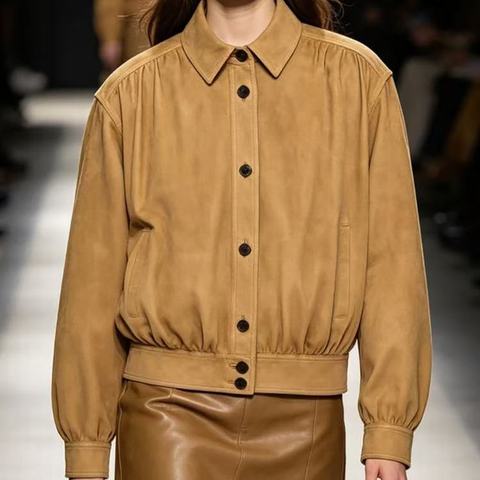 HN662 Retro Genuine Leather Light Camel Solid Suede Goatskin Casual Vintage Long Sleeve Cropped Outerwear