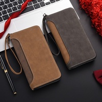 Dompet Panjang Pria Vintage PU, Tas Clutch dengan Ritsleting, Tekstur Matte, Multifungsi, Tempat Koin/Kartu, Tas Ponsel Berpanel