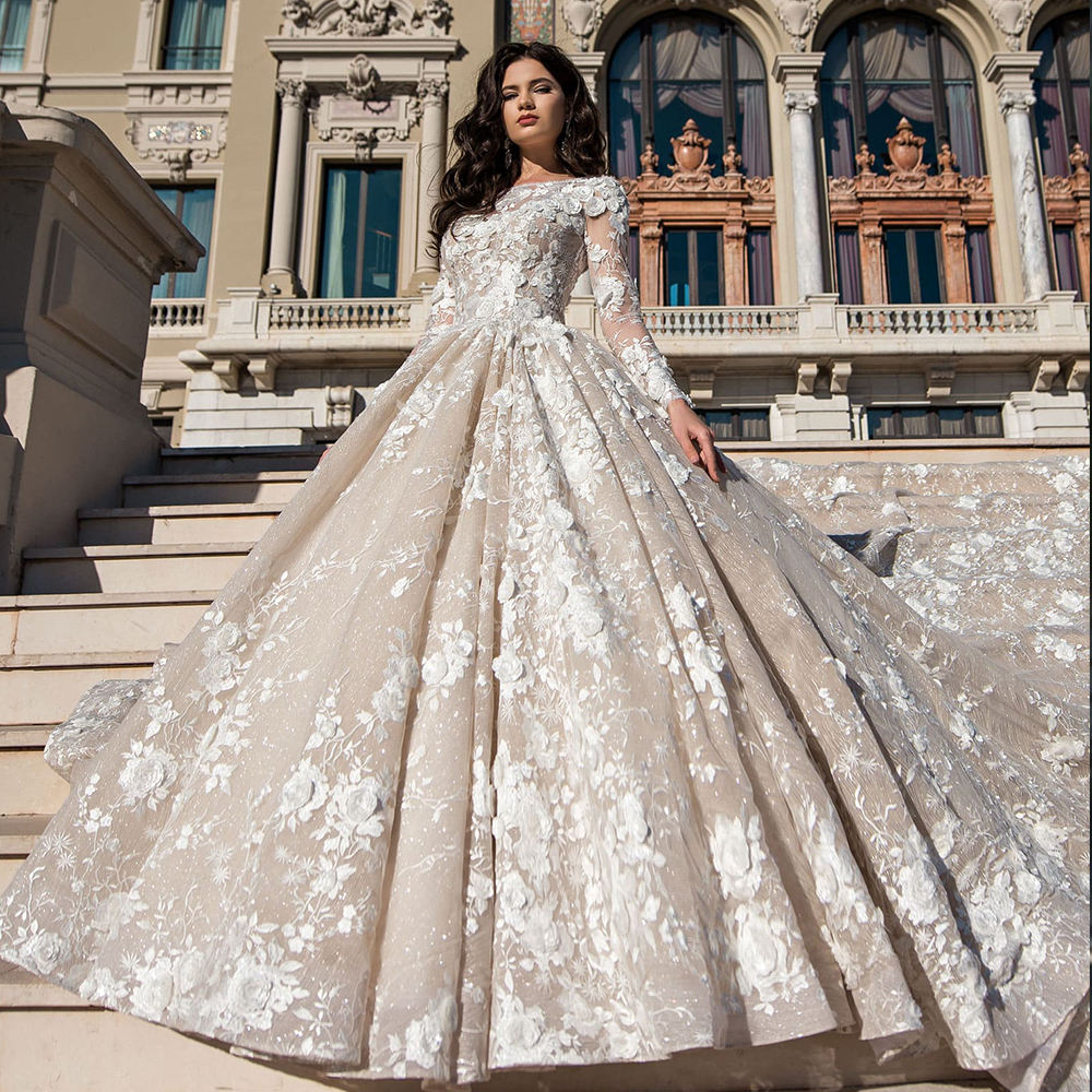 Champagne Long Sleeve Lace Floral Ball Gown Wedding Dress with