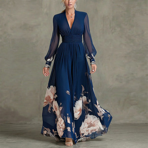 <span class=keywords><strong>Robe</strong></span> <span class=keywords><strong>longue</strong></span> fluide en mousseline <span class=keywords><strong>bleu</strong></span> <span class=keywords><strong>marine</strong></span> pour femme, col en V profond, manches longues, imprimé floral, vente en gros <span class=keywords><strong>d</strong></span>'usine - Product Image 3