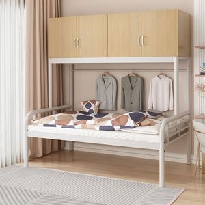 Modern Full Size Iron Frame <b>Single</b> <b>Bed</b> Top Wooden Storage Cupboard Adjustable Hanger Rod <b>Black</b> for Apartment - Product Image 4