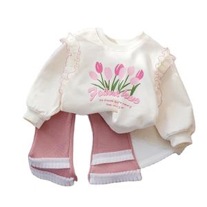 2024 Meninas Outono Roupas Flor Manga Longa + Calças da Menina Rosa Calças 2 PCS Roupas Set Atacado - Product Image 1