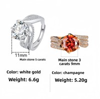 Bague en Cuivre à Trois Rangs de Zircons en Forme d'Œuf de Pigeon à Six Griffes de 5 Carats, Modèle Bestseller en Direct, Très Vendue, Thème Romance Trois Vies
