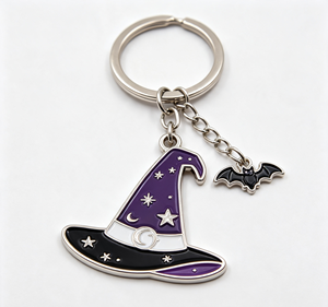 Custom Enamel Halloween Metal Key Chain Witch Hat Key Ring Bat Pendant Souvenir Gift Promotional - Product Image 1