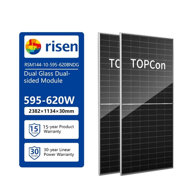 Wholesale Price Tier 1 Solar Panels Bifacial Technology 2382*1134*30mm Risen RSM144-10-595-620BNDG Panels with Dual Glass