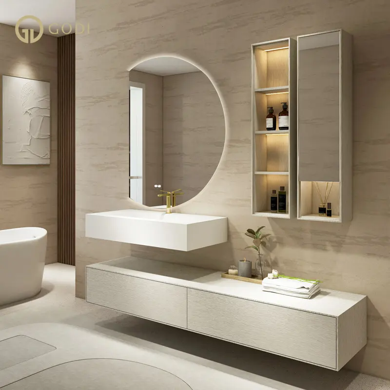 GODI wholesale luxury european style furniture simple design wall mount wooden panel bathroom vanities cabinet with mirror