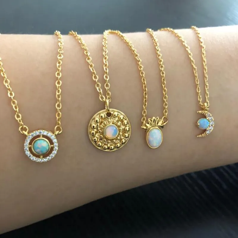 Delicate Chic Minimalistischen Frauen Edelstein Schmuck Opal Stern Halskette Opal Mond Halskette Blau Grün Opal Stein Halskette