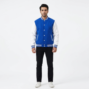 FINER THREADS Customized Design Men's Varsity Jacket High Quality Wool Body Stand Collar <b>Covered</b> <b>Button</b> Breathable Plus Size - Product Image 1
