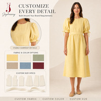 Pabrik Joydressing Gaun Midi Linen Wanita Kustom Polos Lengan Pendek Manset Ikat Pinggang Berkerut Gaun Kasual Musim Panas OEM ODM