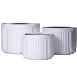 Pot de fleurs blanc côtelé, jardinière sur pied en fibre de verre, conteneur rond pour fleurs artificielles, décoration de jardin - Product Image 4