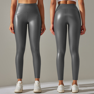 Pantalon en <span class=keywords><strong>cuir</strong></span> PU noir brillant taille haute pour femme <span class=keywords><strong>Legging</strong></span> en similicuir à coutures d'usine - Product Image 3