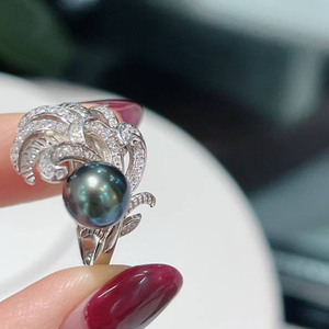 Peacock Tail style 8-9mm Tahitian Black Pearl <b>Ring</b>, Colorful Luster Seawater Pearl, <b>925</b> Sterling <b>Silver</b> Vintage Ornate Jewelry - Product Image 4