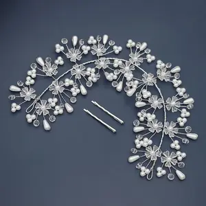 Transparent Flower Blooming Headband Crystal with Pearl Wedding Headpieces Brides Hair Accessories for Women