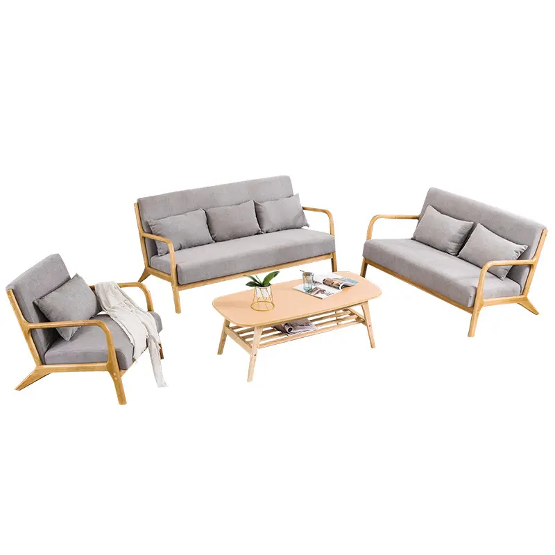 Einfache nordische Stoff Massivholz Sofa Wohnzimmer Wohnung Einzel Doppel Lounge Stuhl Balkon Sofa