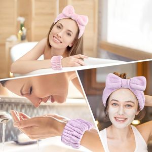 Ensemble de bandeaux et de bracelets de <span class=keywords><strong>spa</strong></span> pour femmes, en polaire corail douce et élastique, pour maquillage et soins personnels, avec logo personnalisé - Product Image 4