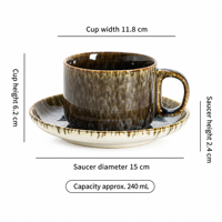 Tasse à café en céramique avec glaçure réactive et soucoupe, marron et bleu, pour café, dessert ou table de café