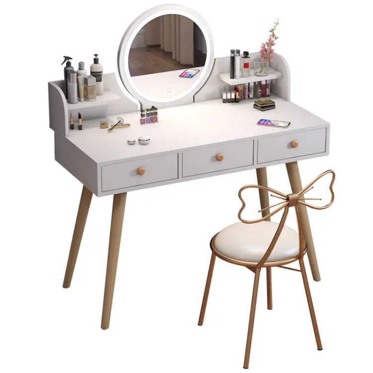 Ensemble de vanité blanc SZT-09 avec miroir éclairé, coiffeuse de maquillage avec écran tactile miroir à gradation pour chambre à coucher