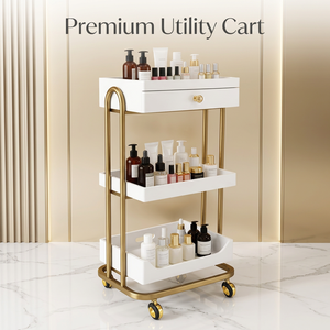 Carrito de Salón de Belleza de Acero Inoxidable de Lujo, Organizador de Almacenamiento de 3 Niveles con Cajón, Marco Dorado, para Clínica de Belleza, Spa, Estudio - Product Image 1